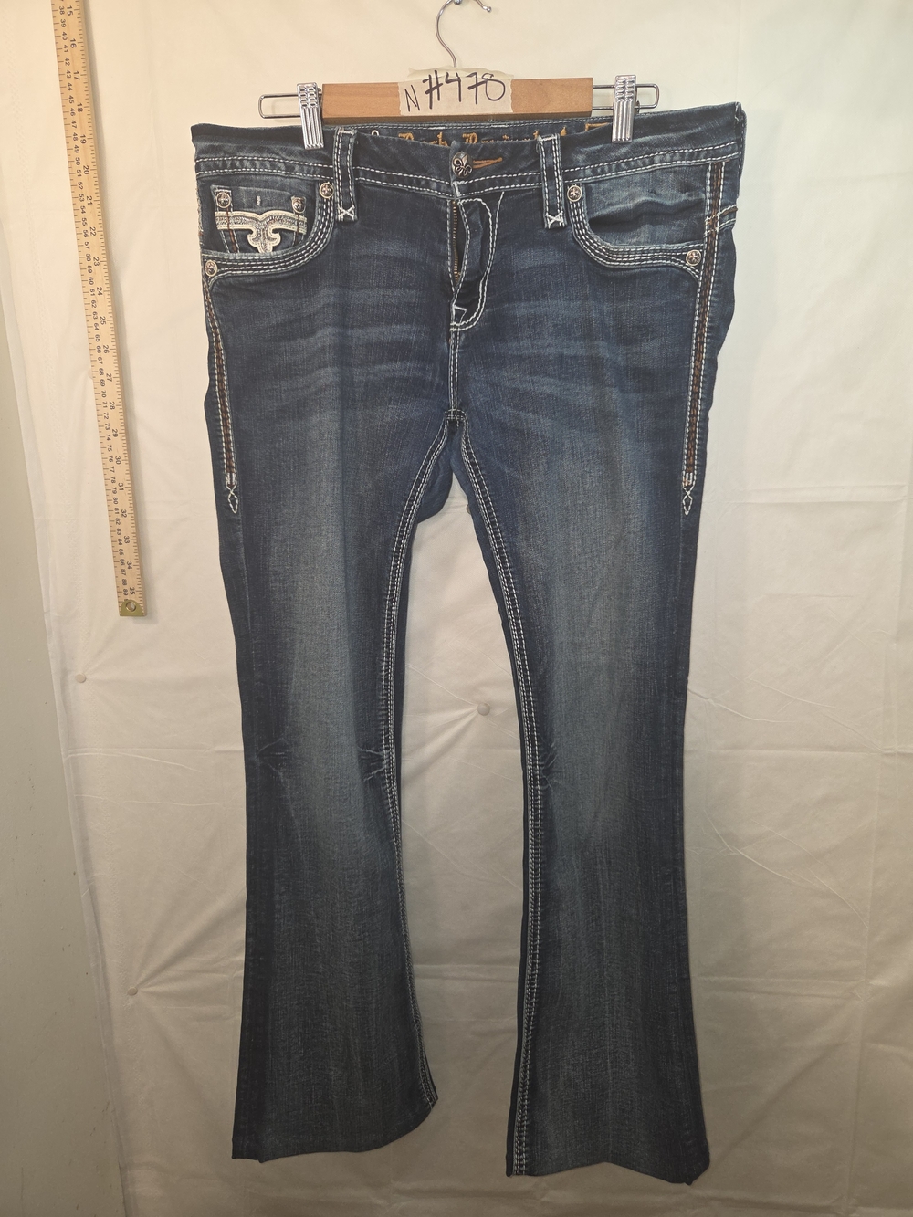 Rock Revival Dark Blue Flare Jeans with Embroidered Pockets